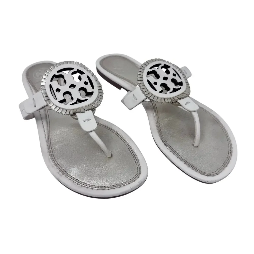 TORY BURCH Metallic Gold Cream Fringe Miller Logo Sandals Flip Flops Size 6.5